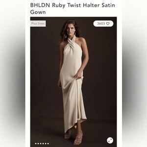 BHLDN Ruby Twist Halter Satin Gown in champagne color (PETITE LENGTH)